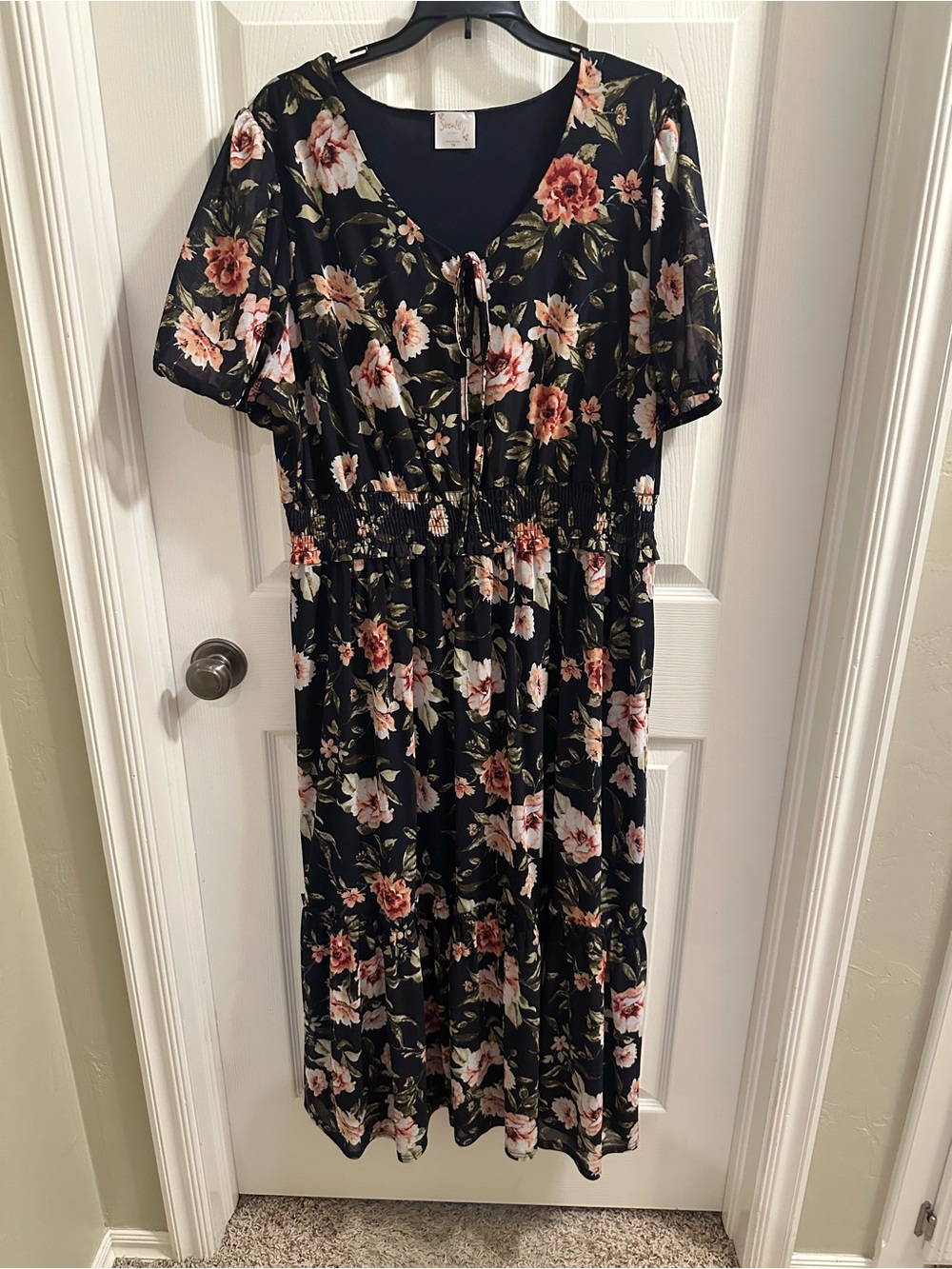 Siren Lily Black Floral Midi Dress with Pink and Peach Blooms